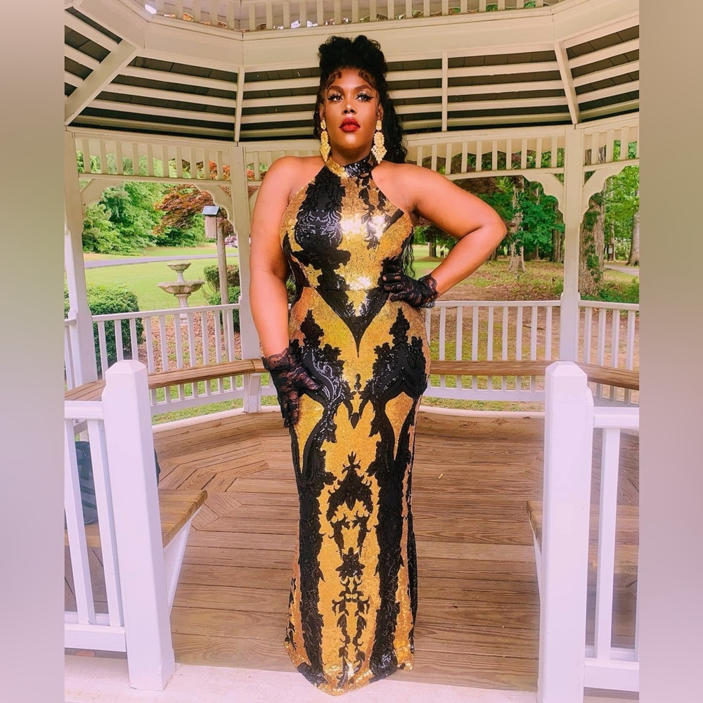 Women Plus Sequin Black & Gold Formal Evening Gown - Picture 4 of 11